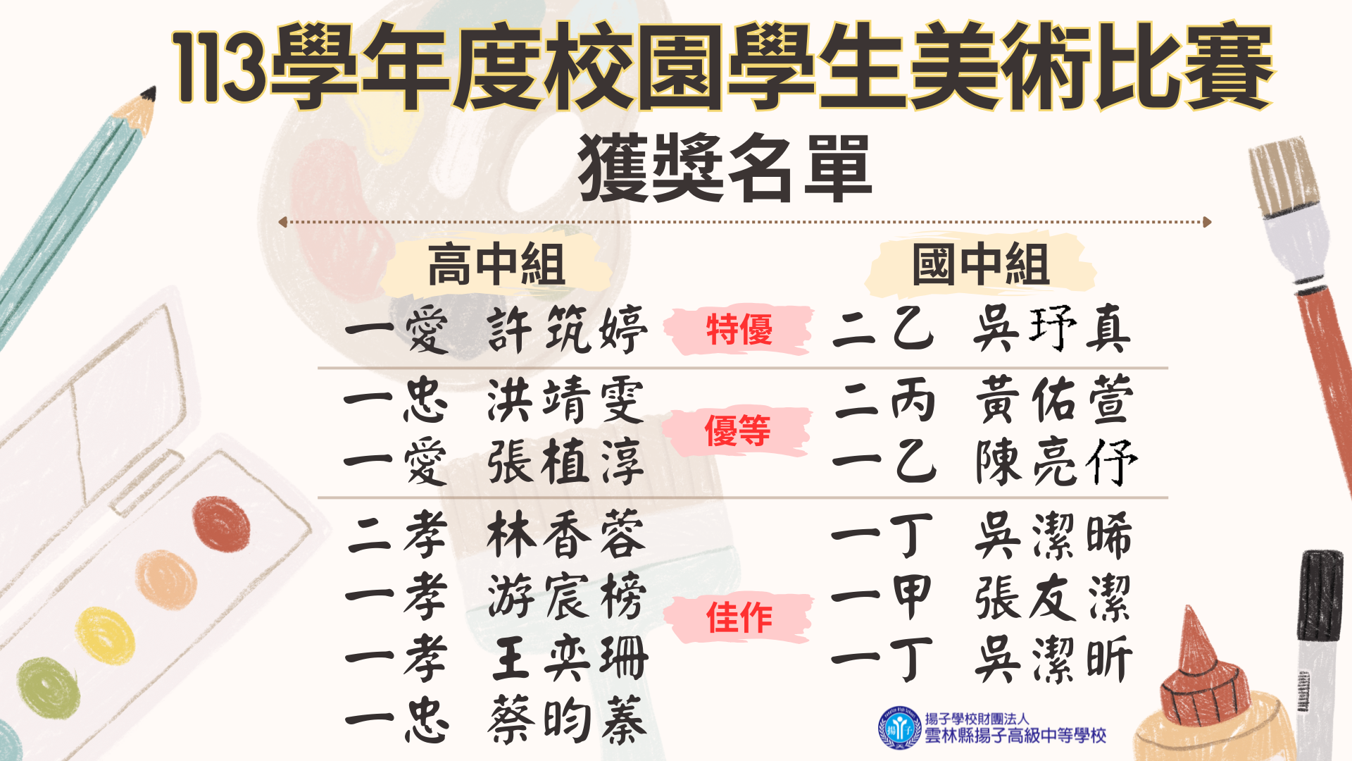 113學年度校園學生美術比賽獲獎名單